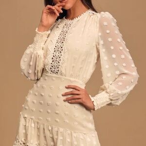 Lulus Lust Or Love Cream Embroidered Lace Long Sleeve Dress White - Size L